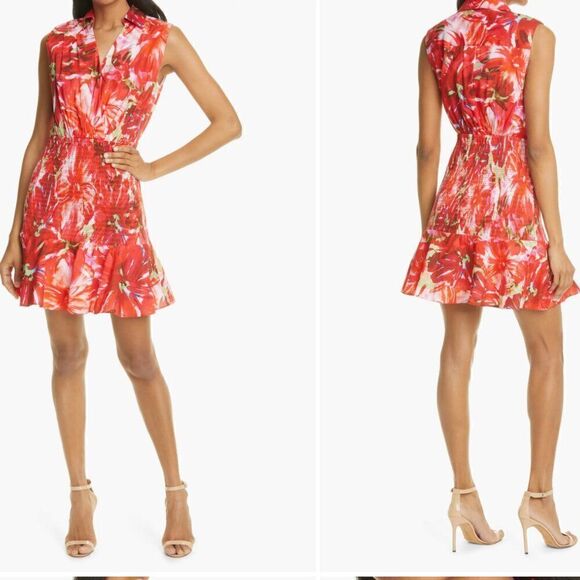 MILLY Nora Brushstroke Floral Smock Poplin A-Line Dress 4 - Picture 1 of 7